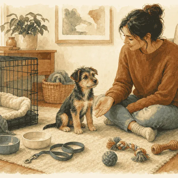 Small mixed-breed puppy sitting beside a caregiver, an open crate, bowls, a leash, and chew toys.