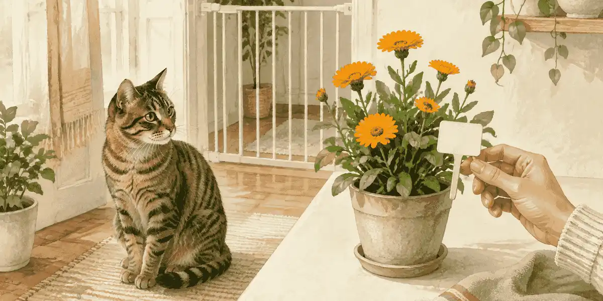 A tabby cat watches from behind a low gate while a caregiver checks the label on a potted Garden Marigold.