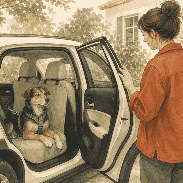 A calm young mixed-breed dog rests in a secured back-seat travel setup while a caregiver checks the car before departure.