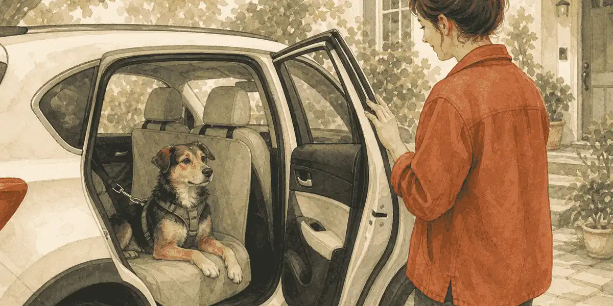 A calm young mixed-breed dog rests in a secured back-seat travel setup while a caregiver checks the car before departure.