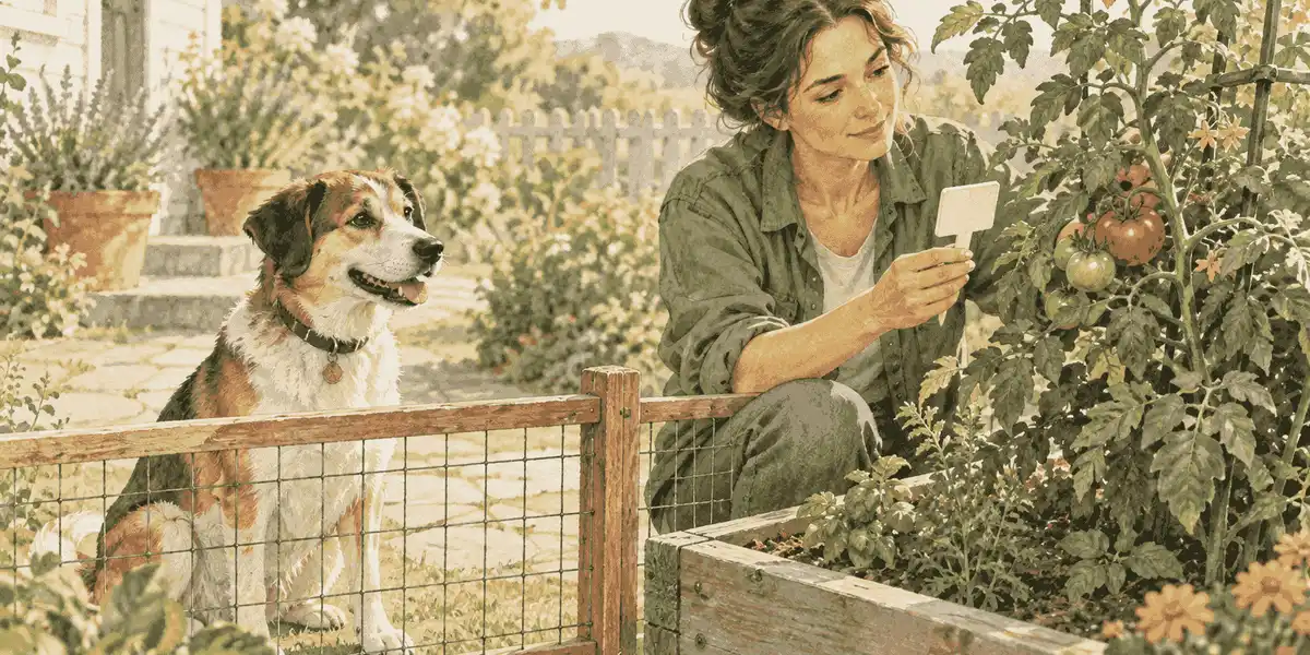 A caregiver checks a tomato plant label while a calm dog waits behind a low garden barrier.