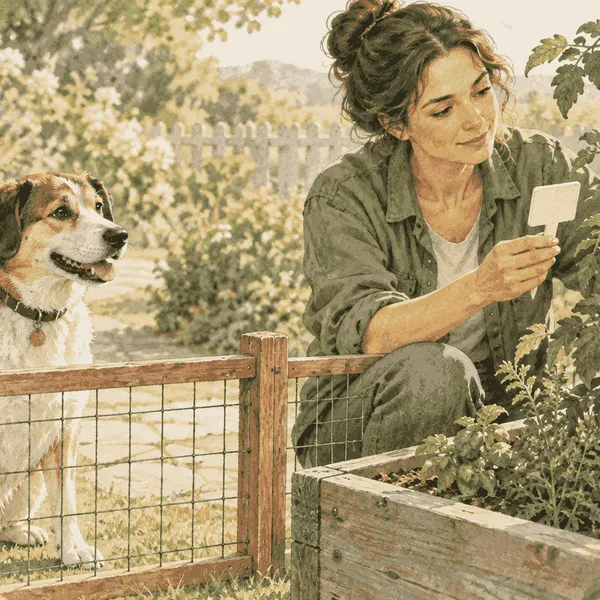 A caregiver checks a tomato plant label while a calm dog waits behind a low garden barrier.