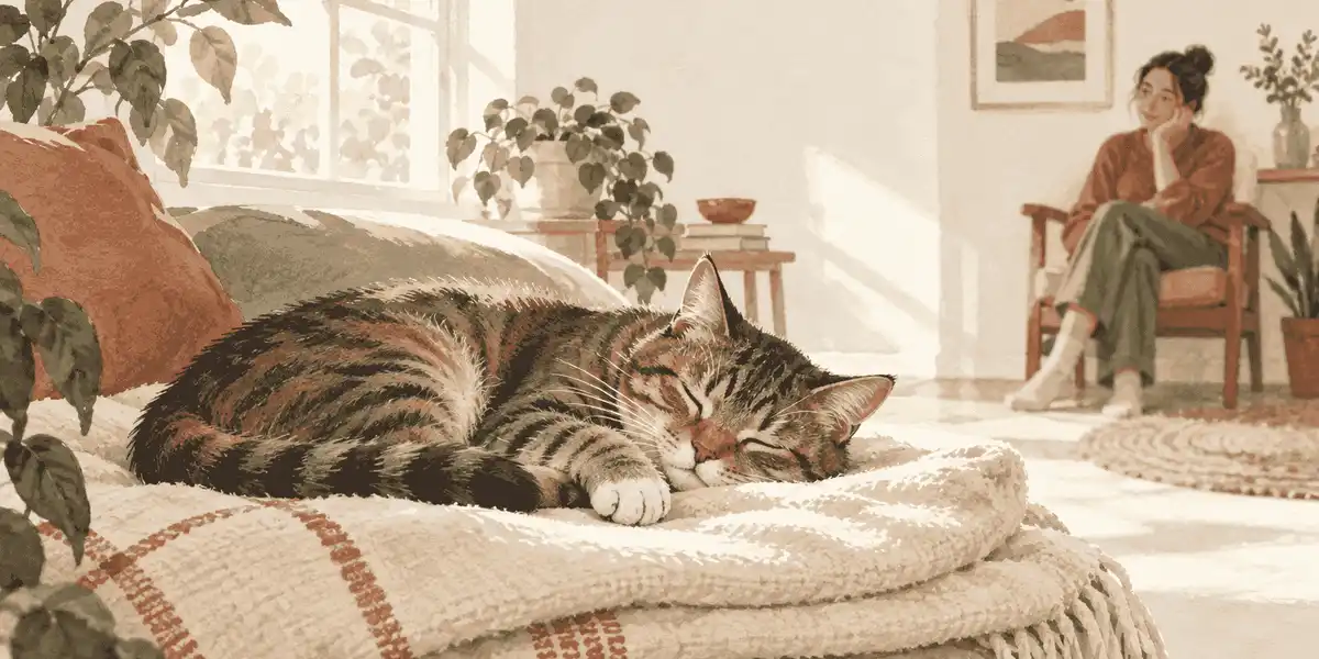 A tabby cat sleeps on a folded blanket while a caregiver watches from a respectful distance.