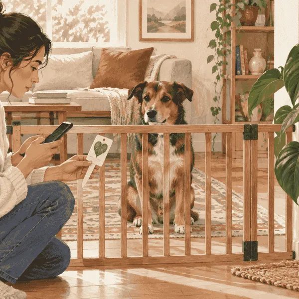 A dog waits behind a low gate while a caregiver checks the label on a potted philodendron in a warm living room.