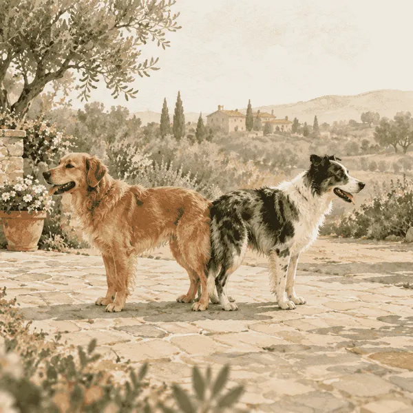 Two dogs stand calmly in a garden while a caregiver calls a veterinarian and children and another pet remain behind a gate.