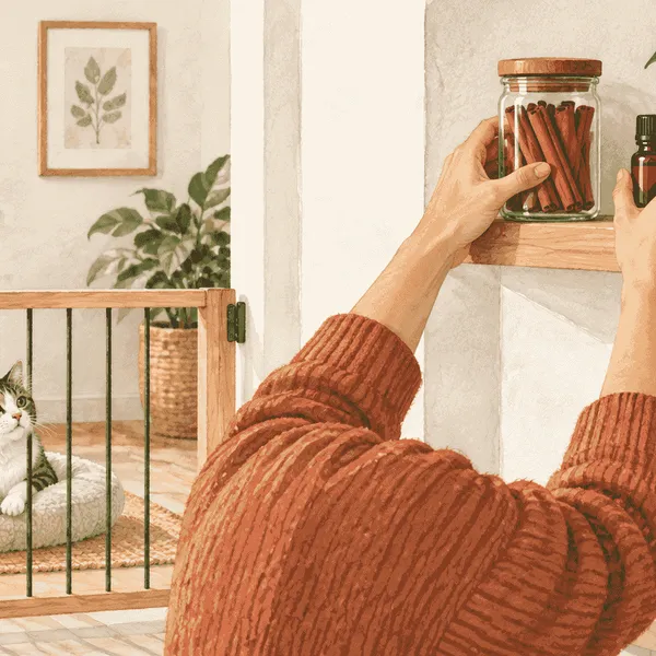 A caregiver keeps a cinnamon plant, spice jar, and small oil bottle out of reach while a cat rests behind a low indoor gate.