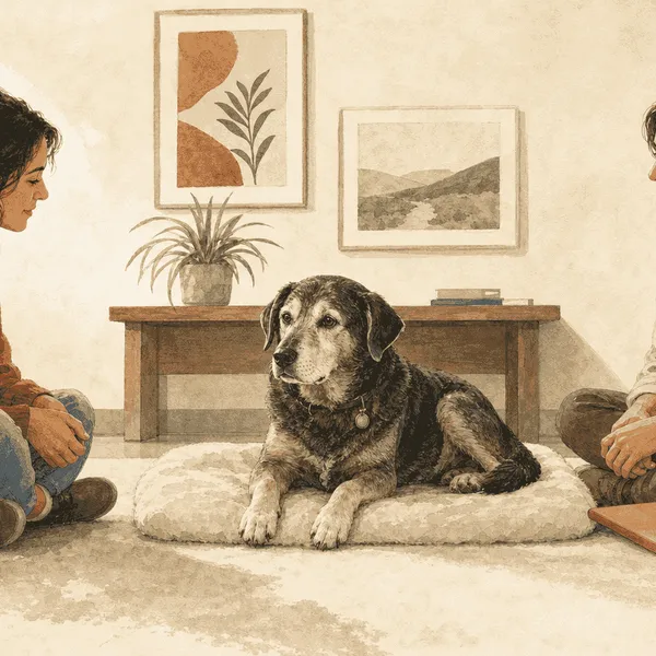 A gray-muzzled mixed-breed dog rests beside a prospective adopter and a rescue caregiver during a quiet meeting.