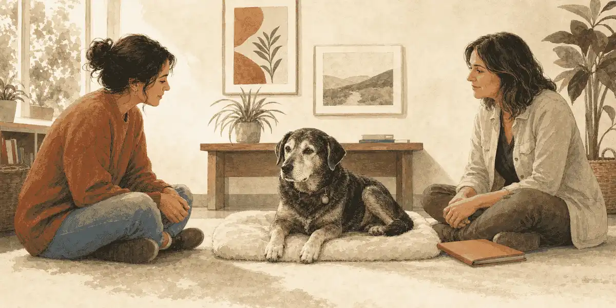 A gray-muzzled mixed-breed dog rests beside a prospective adopter and a rescue caregiver during a quiet meeting.