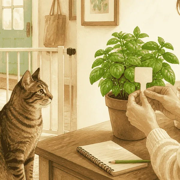 A tabby cat watches from behind a low gate while a caregiver checks a basil plant label.