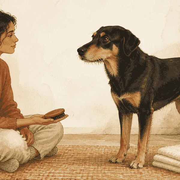 A calm black-and-tan dog pauses beside a seated caregiver holding a brush, with the dog's facial whiskers visible.