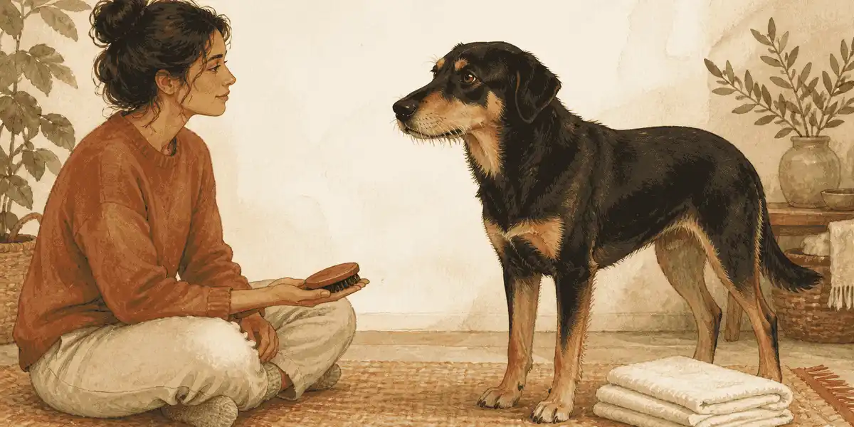 A calm black-and-tan dog pauses beside a seated caregiver holding a brush, with the dog's facial whiskers visible.