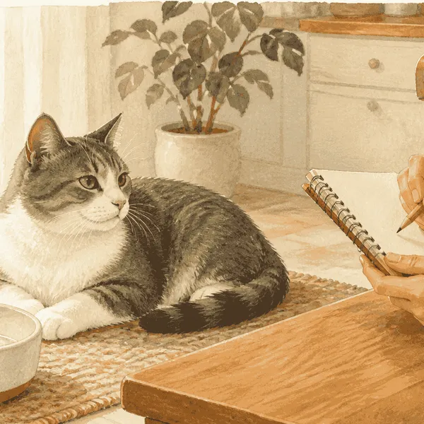 A gray-and-white cat rests calmly beside a caregiver writing an observation note at a sunlit kitchen table.