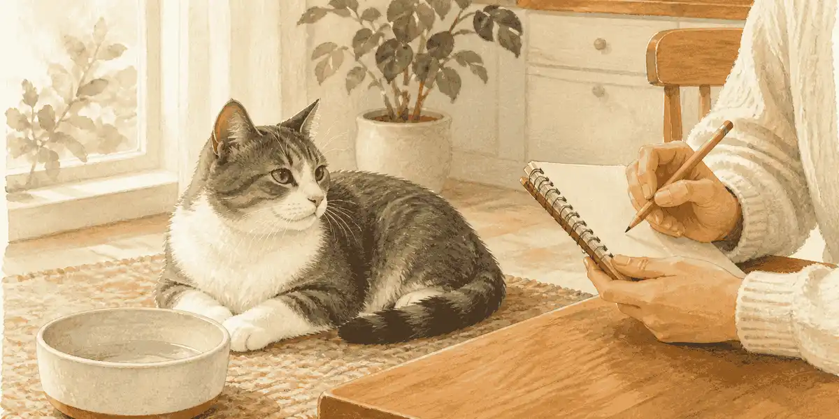 A gray-and-white cat rests calmly beside a caregiver writing an observation note at a sunlit kitchen table.
