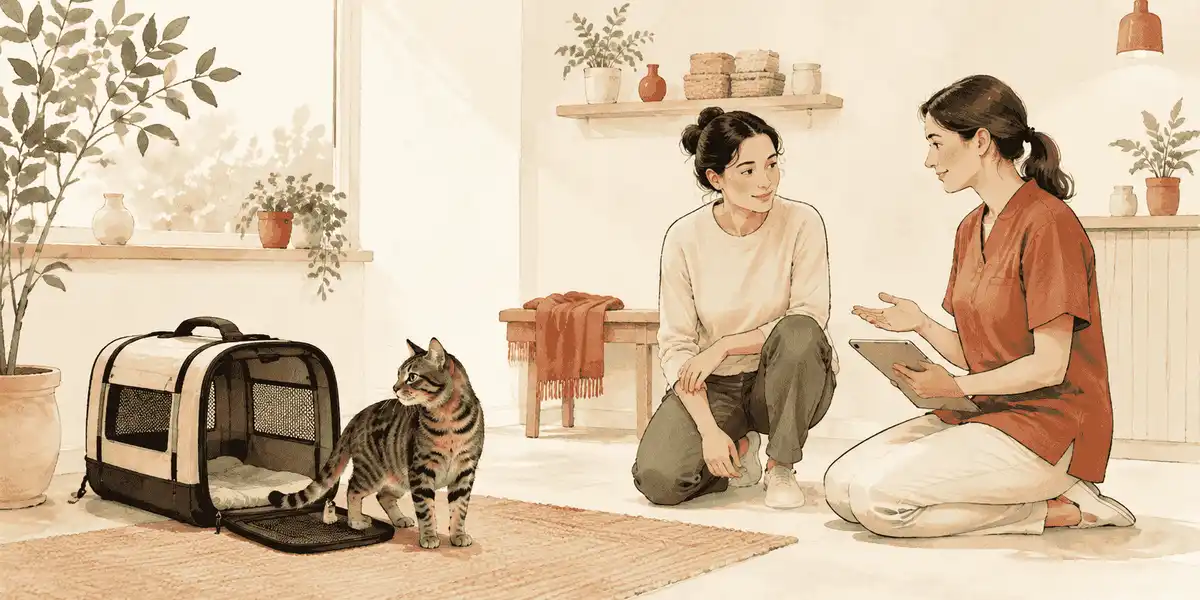 A calm tabby cat pauses beside an open carrier while a caregiver and groomer plan a gentle first grooming visit.