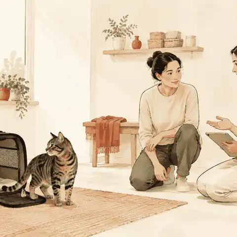 A calm tabby cat pauses beside an open carrier while a caregiver and groomer plan a gentle first grooming visit.