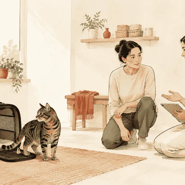 A calm tabby cat pauses beside an open carrier while a caregiver and groomer plan a gentle first grooming visit.