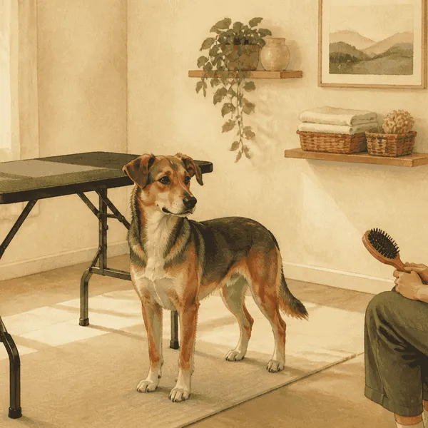 A calm mixed-breed dog stands beside an unbranded grooming table while a caregiver holds a brush at a distance.