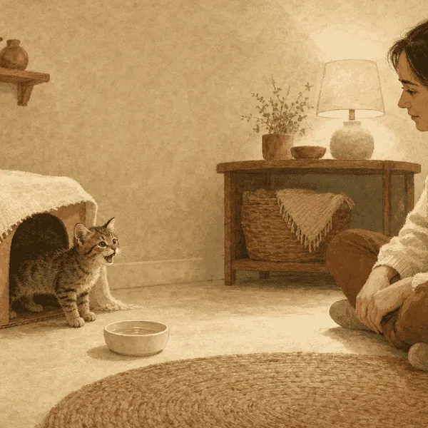 A tabby kitten meows from a covered bed while a caregiver calmly checks the kitten's quiet room.