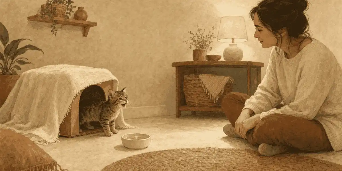 A tabby kitten meows from a covered bed while a caregiver calmly checks the kitten's quiet room.