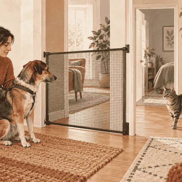 A calm dog watches two cats from behind a secure indoor barrier while a caregiver keeps both routes open.