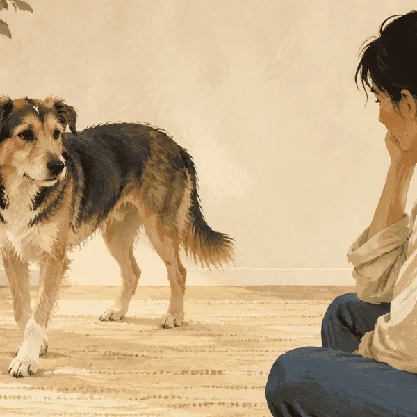 A calm dog stands on a cream mat while a caregiver observes one front paw without touching it.