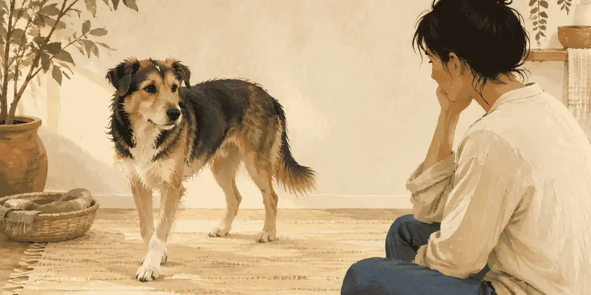A calm dog stands on a cream mat while a caregiver observes one front paw without touching it.