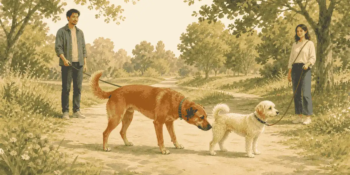 Two dogs pause several feet apart on a quiet path as one lowers its nose toward the other dog's rear while both caregivers hold loose leads.
