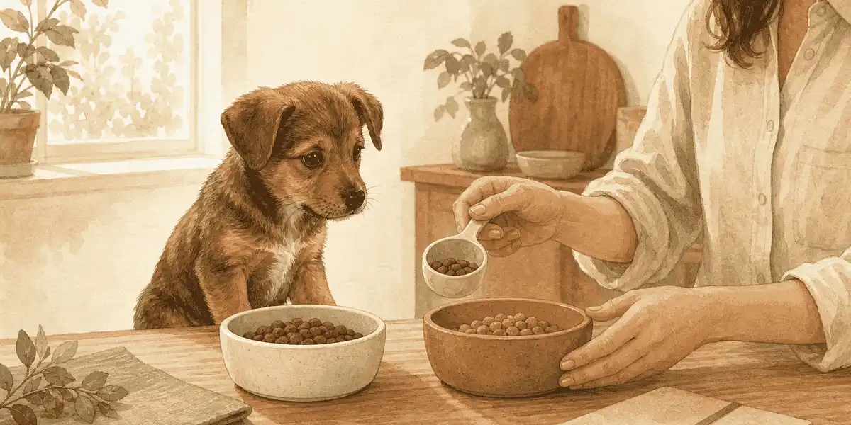 A brown puppy watches a caregiver prepare two unbranded food bowls beside a simple meal notebook.