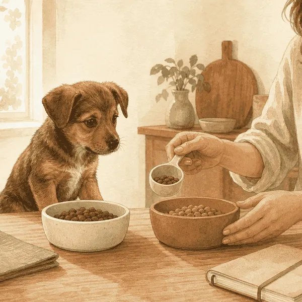 A brown puppy watches a caregiver prepare two unbranded food bowls beside a simple meal notebook.