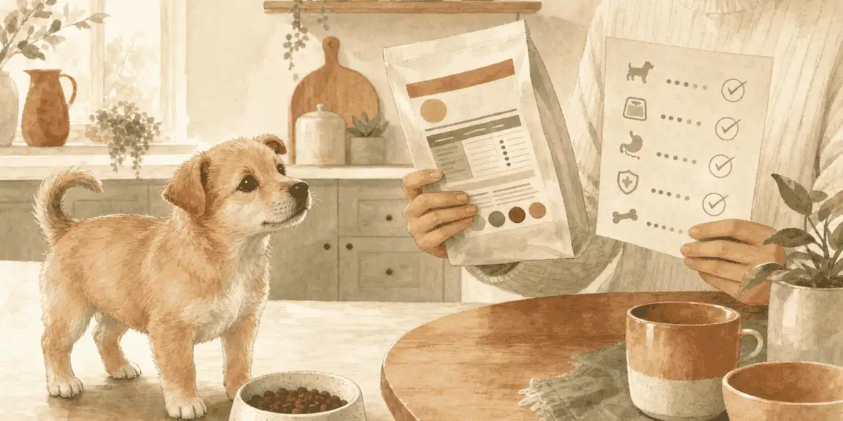 A small tan puppy watches a caregiver compare an unbranded food label with a growth checklist beside a ceramic bowl.