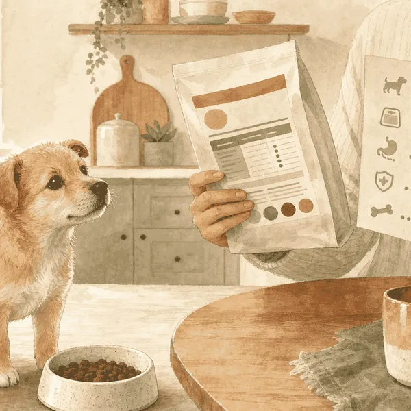 A small tan puppy watches a caregiver compare an unbranded food label with a growth checklist beside a ceramic bowl.