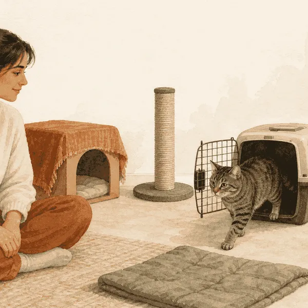 A first-time cat owner sits quietly on the floor while an adult tabby explores a prepared base room at its own pace.