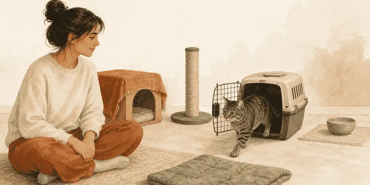 A first-time cat owner sits quietly on the floor while an adult tabby explores a prepared base room at its own pace.