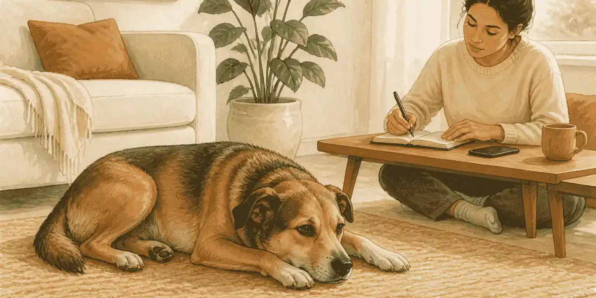 A calm mixed-breed dog rests on a clear rug while a caregiver notes the time beside a phone.