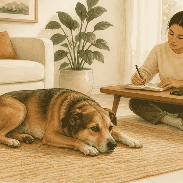 A calm mixed-breed dog rests on a clear rug while a caregiver notes the time beside a phone.