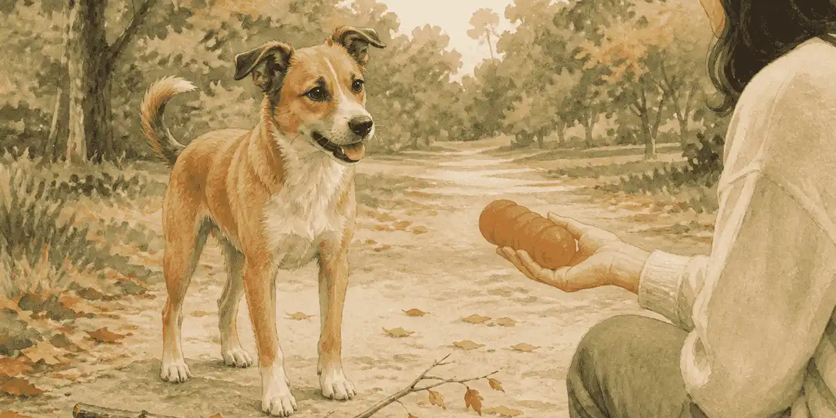A young mixed-breed dog looks toward a fallen branch while a caregiver offers a large orange fetch toy on a grassy path.