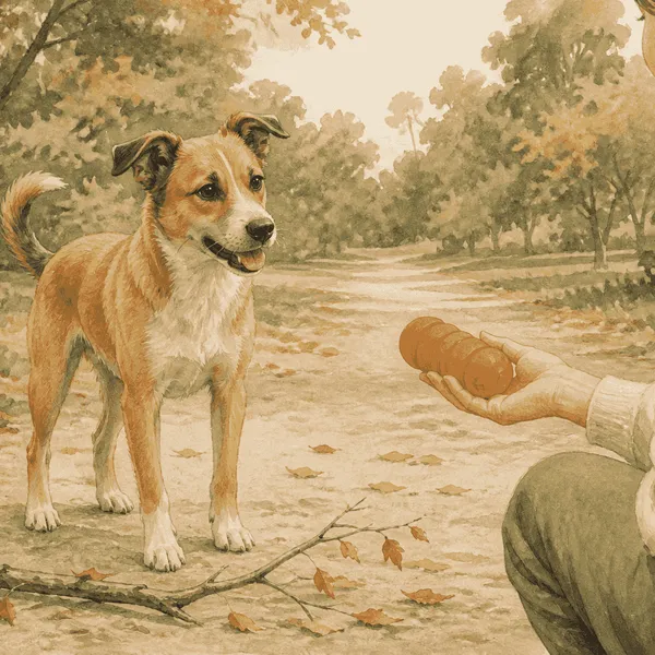 A young mixed-breed dog looks toward a fallen branch while a caregiver offers a large orange fetch toy on a grassy path.