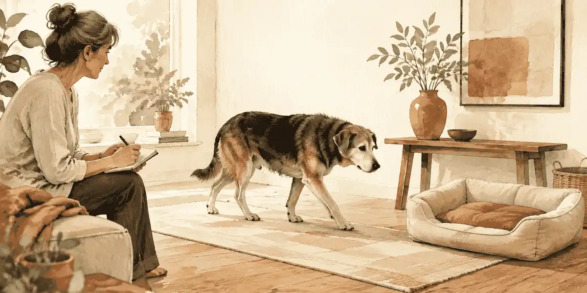 An older mixed-breed dog chooses a grippy route toward a padded bed while a caregiver keeps a simple observation notebook nearby.