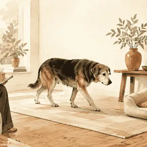 An older mixed-breed dog chooses a grippy route toward a padded bed while a caregiver keeps a simple observation notebook nearby.