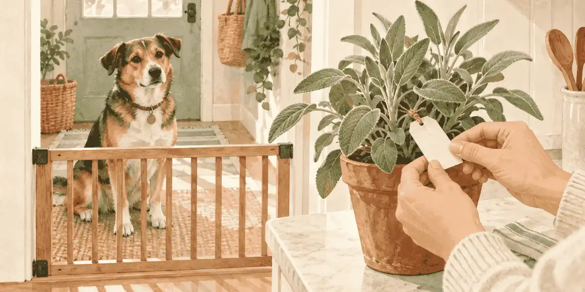 A mixed-breed dog waits behind a low gate while a caregiver checks the label on a potted sage plant.