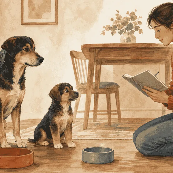 An adult dog and a puppy wait beside separate food bowls while a caregiver checks a feeding notebook.