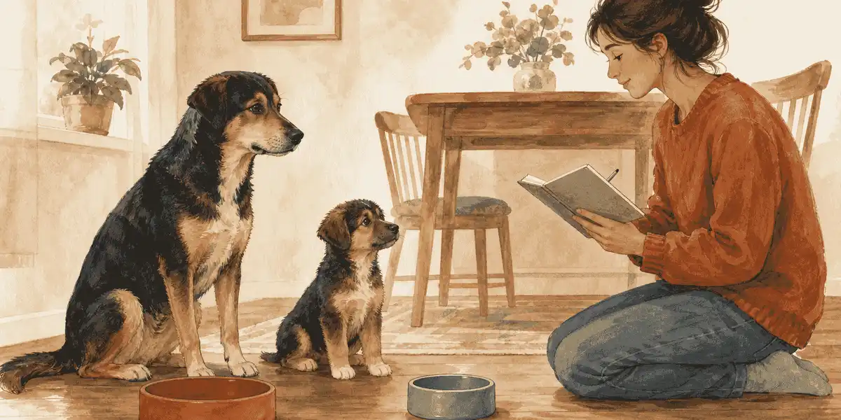 An adult dog and a puppy wait beside separate food bowls while a caregiver checks a feeding notebook.