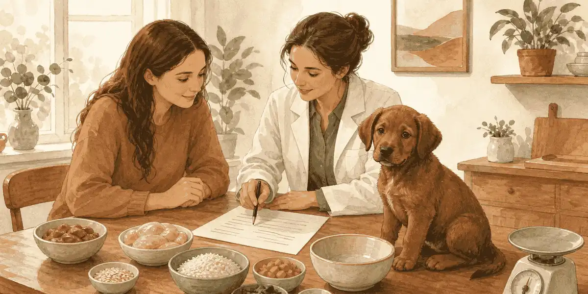A brown puppy sits beside a caregiver and veterinarian reviewing an unbranded recipe sheet with measured ingredients on a table.