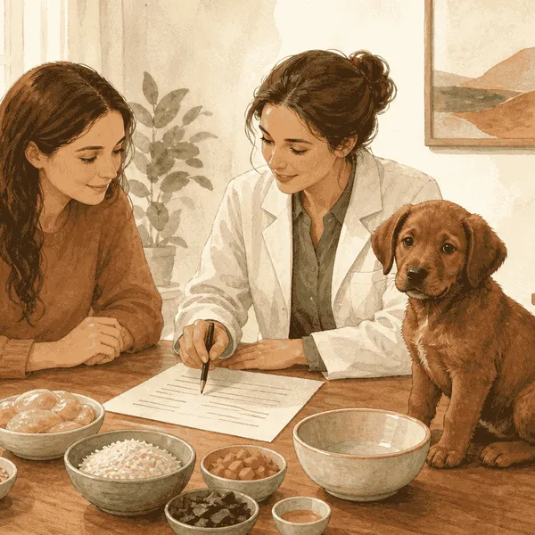 A brown puppy sits beside a caregiver and veterinarian reviewing an unbranded recipe sheet with measured ingredients on a table.