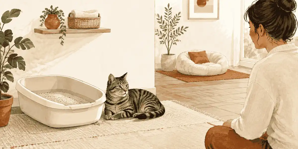 A tabby cat rests beside a clean open litter box while a caregiver observes from a respectful distance.