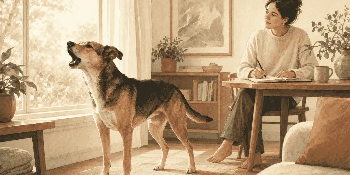 A mixed-breed dog barks near a bright living-room window while a seated caregiver watches and writes in a notebook.