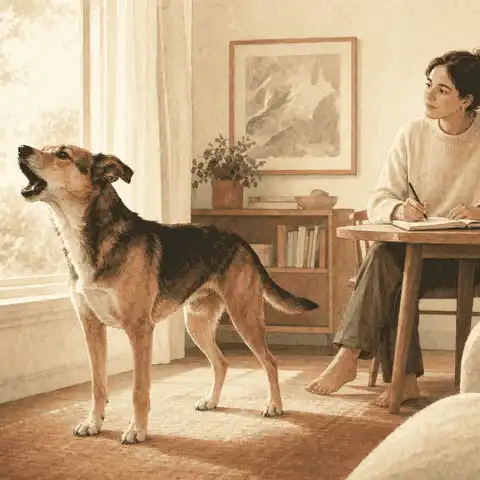 A mixed-breed dog barks near a bright living-room window while a seated caregiver watches and writes in a notebook.