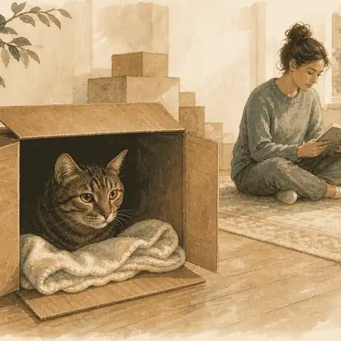 Tabby cat resting inside a towel-lined cardboard box while a caregiver reads nearby.