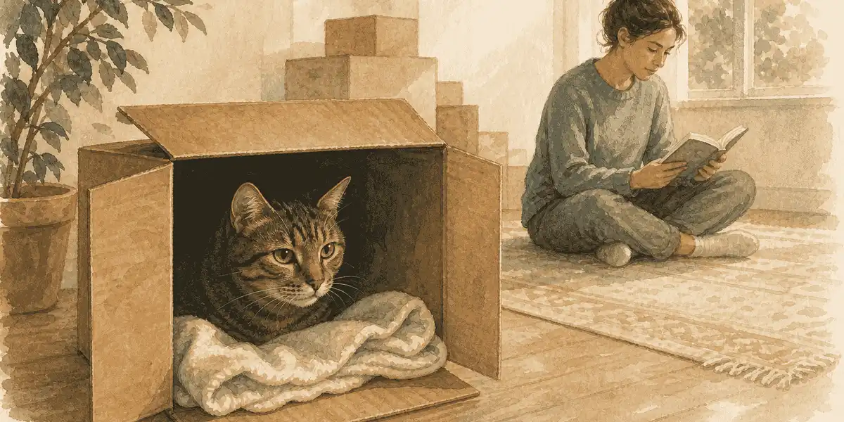 Tabby cat resting inside a towel-lined cardboard box while a caregiver reads nearby.