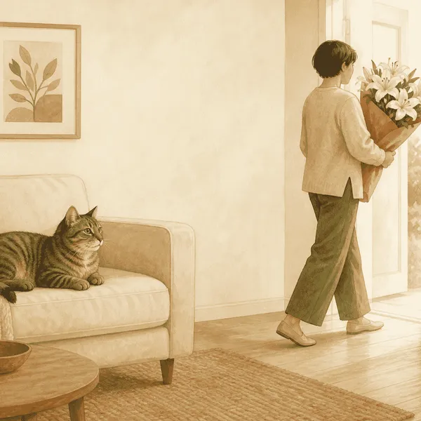 A tabby cat rests on a sofa while a caregiver carries a bouquet of white lilies away from the room.